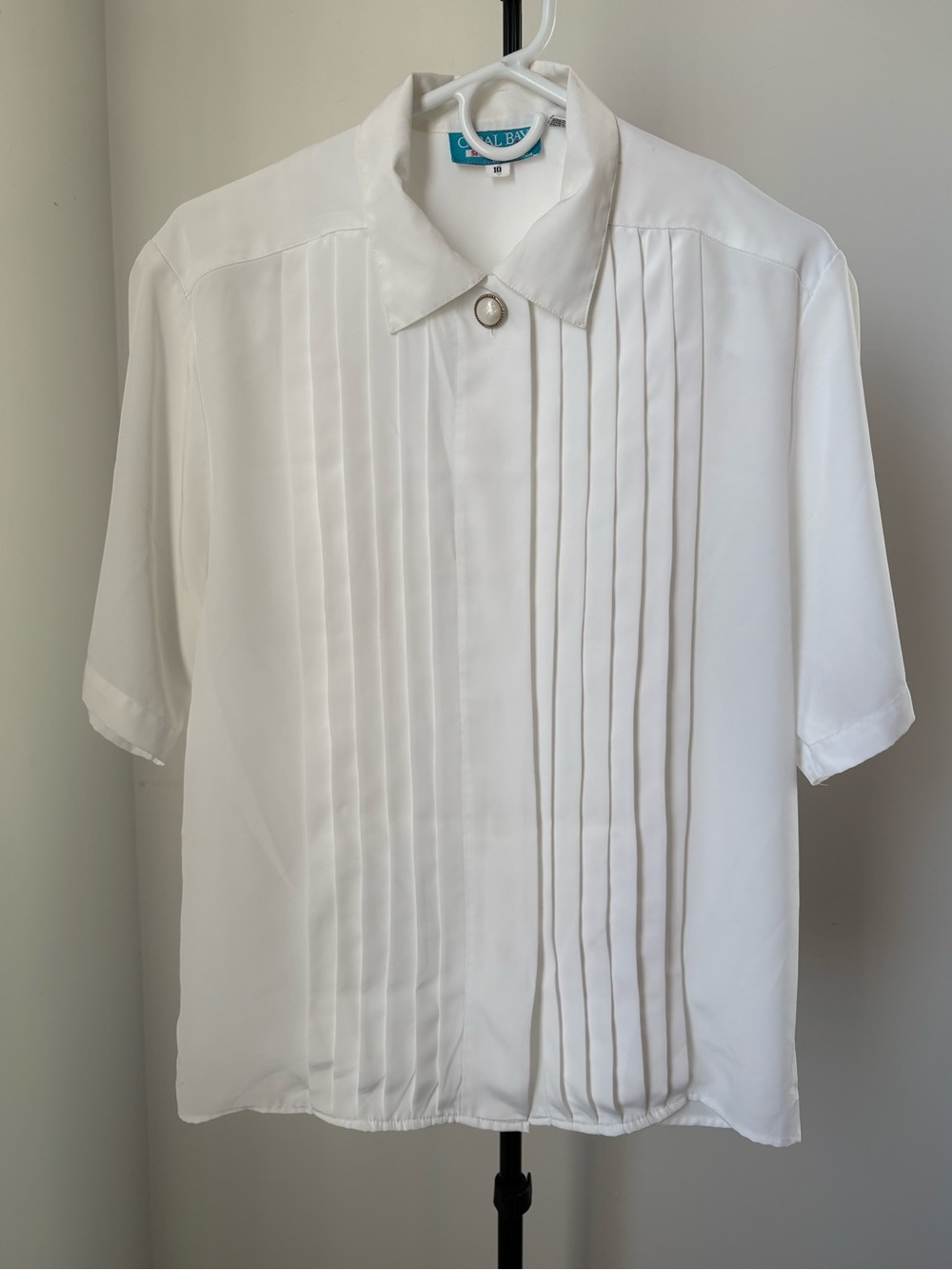 Coral Bay White Short-Sleeve Pleated Front Blouse with Pearl Button Details
